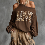ElevenOra Chic Casual Brown Asymmetrical Cold Shoulder Leopard Letter Print Long Sleeve Loose-Fit French Terry Sweatshirt