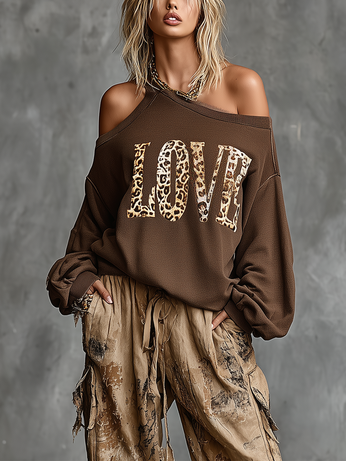 ElevenOra Chic Casual Brown Asymmetrical Cold Shoulder Leopard Letter Print Long Sleeve Loose-Fit French Terry Sweatshirt