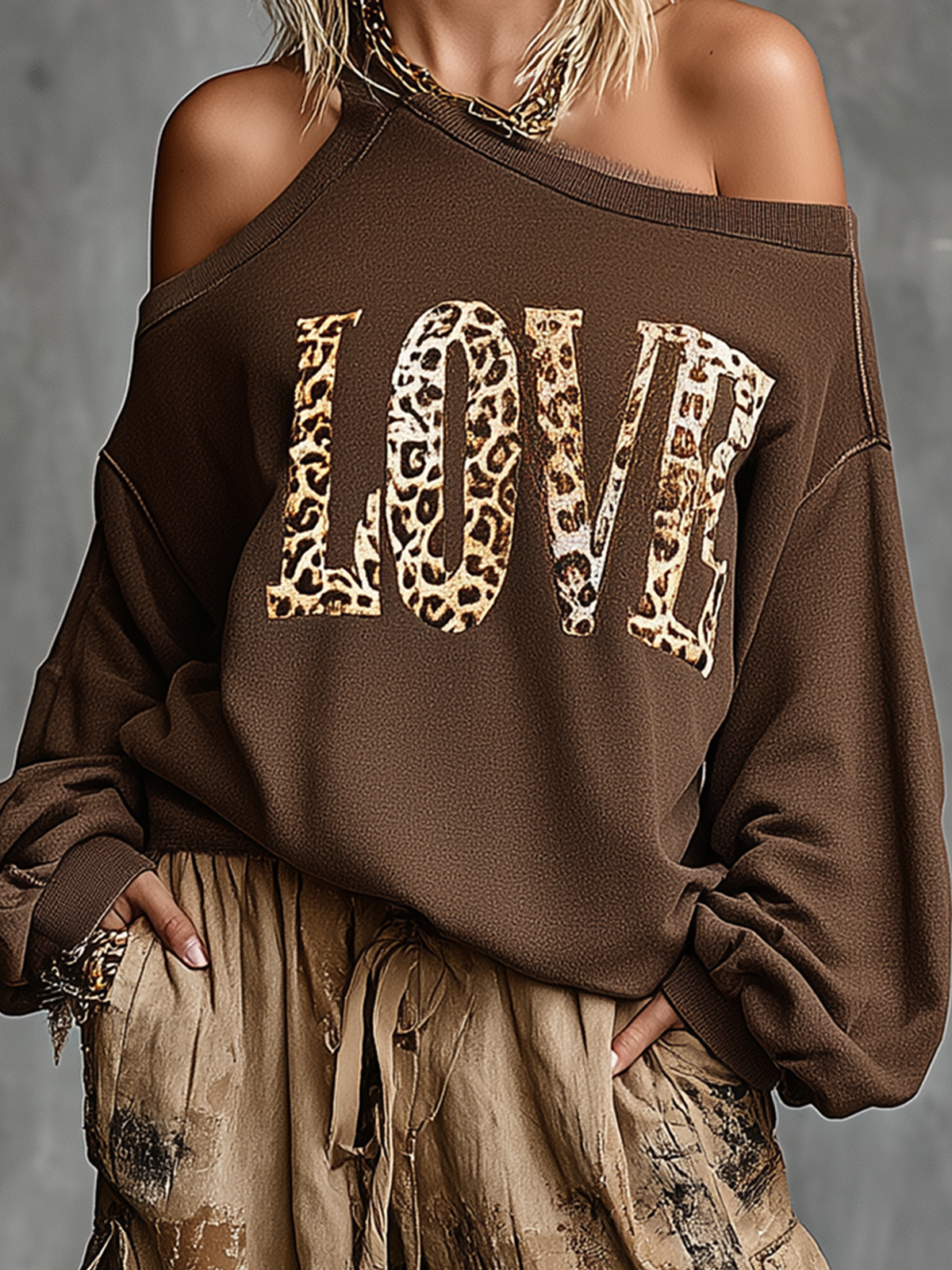 ElevenOra Chic Casual Brown Asymmetrical Cold Shoulder Leopard Letter Print Long Sleeve Loose-Fit French Terry Sweatshirt