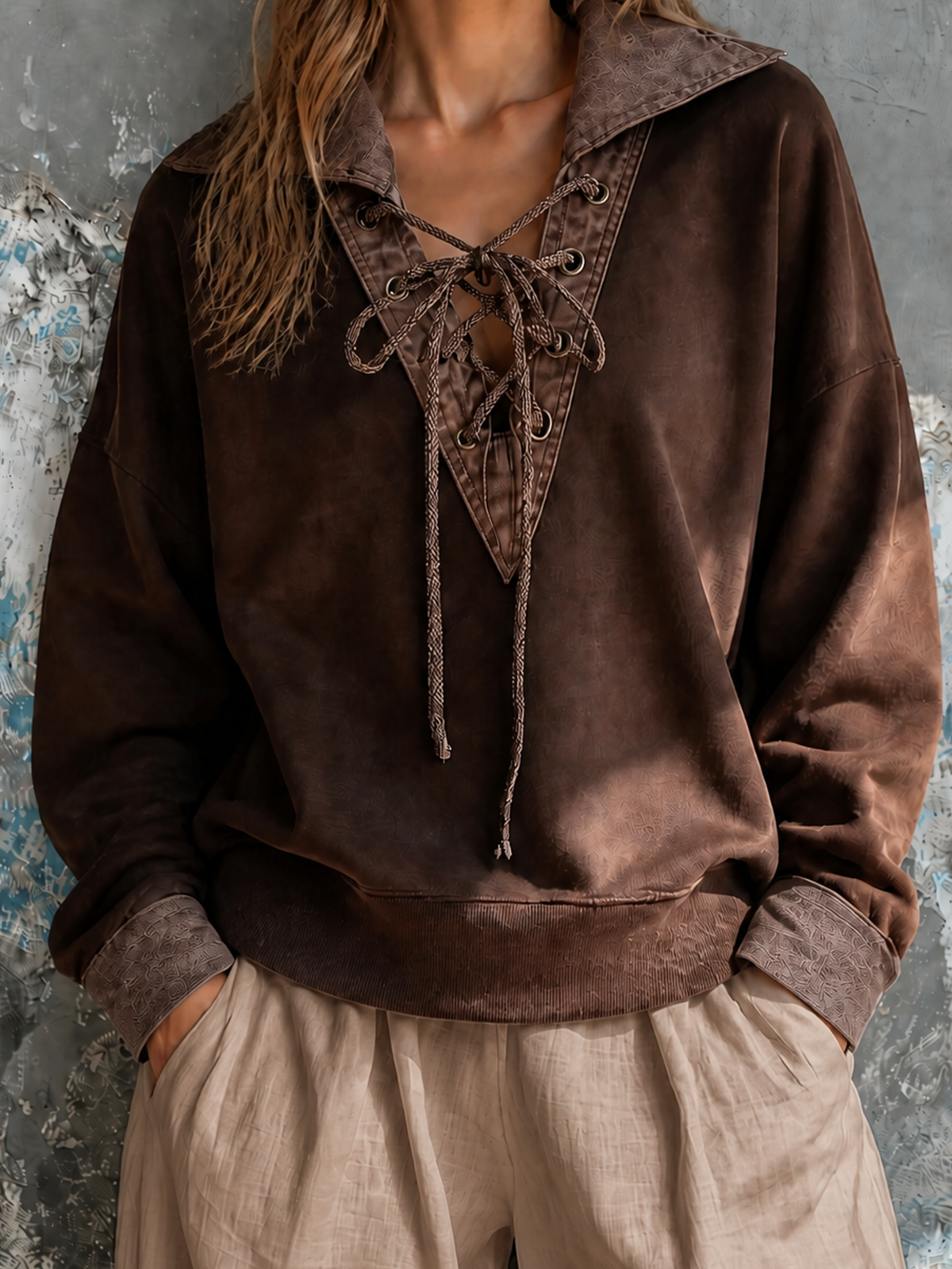 ElevenOra Chic Casual Brown Lapel Collar Eyelet Lace-Up V Neck Long Sleeve Loose-Fit French Terry Sweatshirt