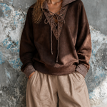 ElevenOra Chic Casual Brown Lapel Collar Eyelet Lace-Up V Neck Long Sleeve Loose-Fit French Terry Sweatshirt