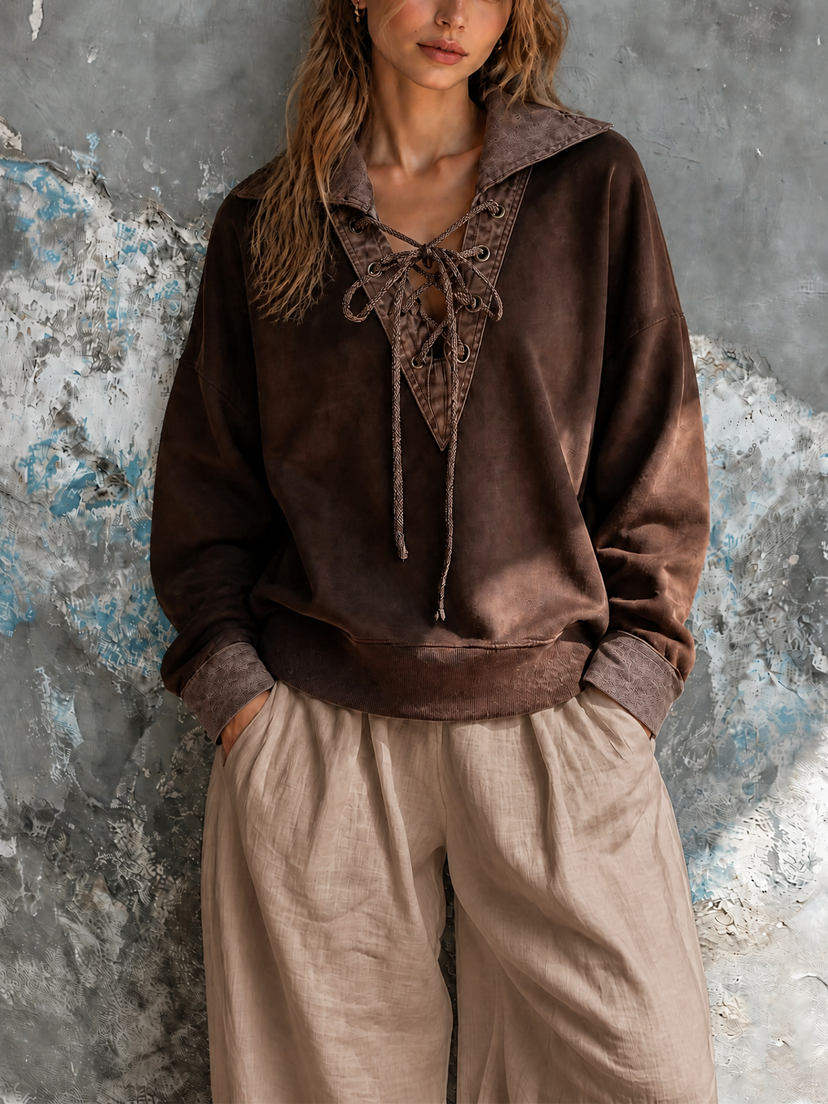 ElevenOra Chic Casual Brown Lapel Collar Eyelet Lace-Up V Neck Long Sleeve Loose-Fit French Terry Sweatshirt