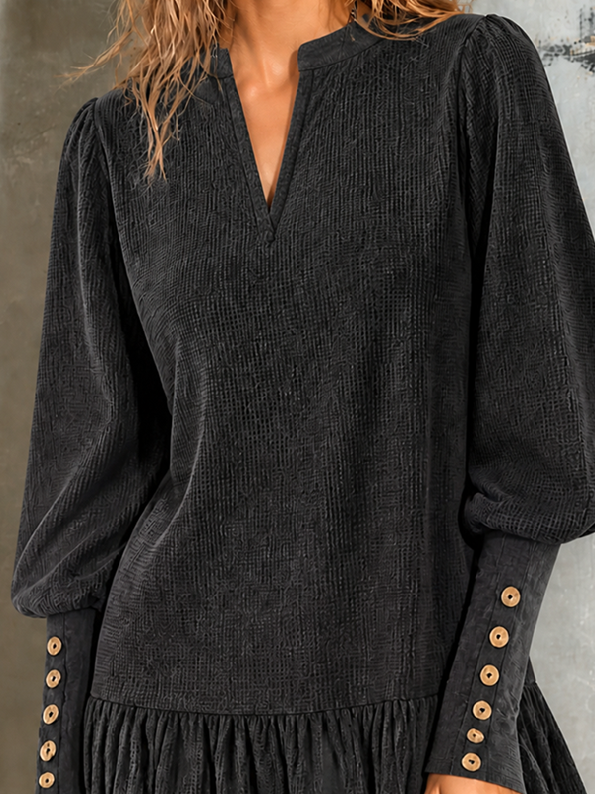 ElevenOra Chic Casual Black V Neck Bubble Long Sleeve Wooden Button Cuff Ruffle Hem Textured Loose-Fit Mini Dress