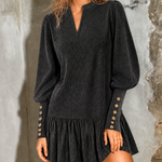 ElevenOra Chic Casual Black V Neck Bubble Long Sleeve Wooden Button Cuff Ruffle Hem Textured Loose-Fit Mini Dress