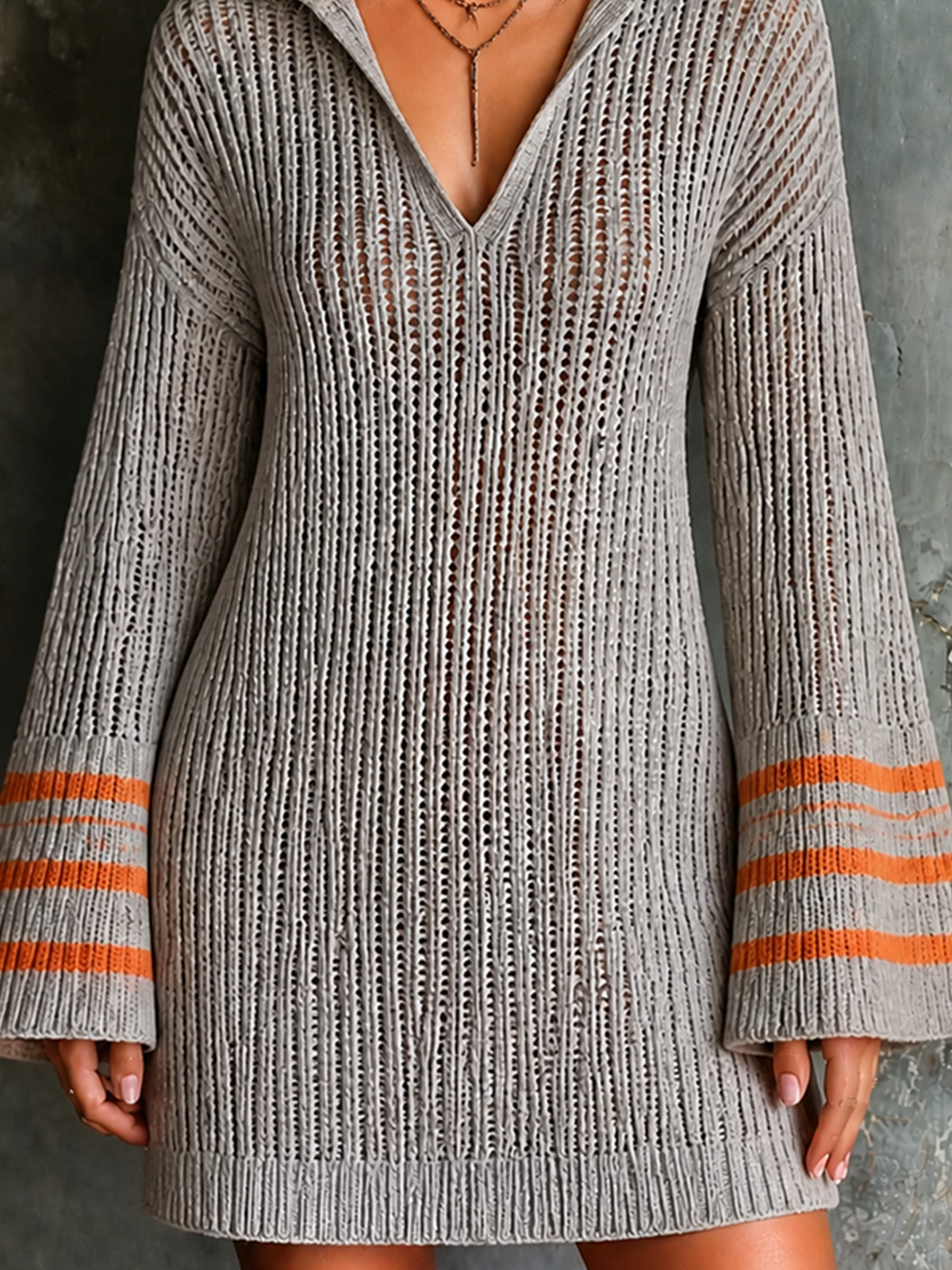 ElevenOra Chic Casual Light Gray Lapel Colla V Neck Contrast Stripe Bell Sleeve Loose-Fit Knit Mini Dress