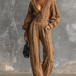 ElevenOra Chic Elegant Camel V Neck Button Front Long Sleeve Elastic-Waist Loose-Fit Cable Knit Jumpsuit