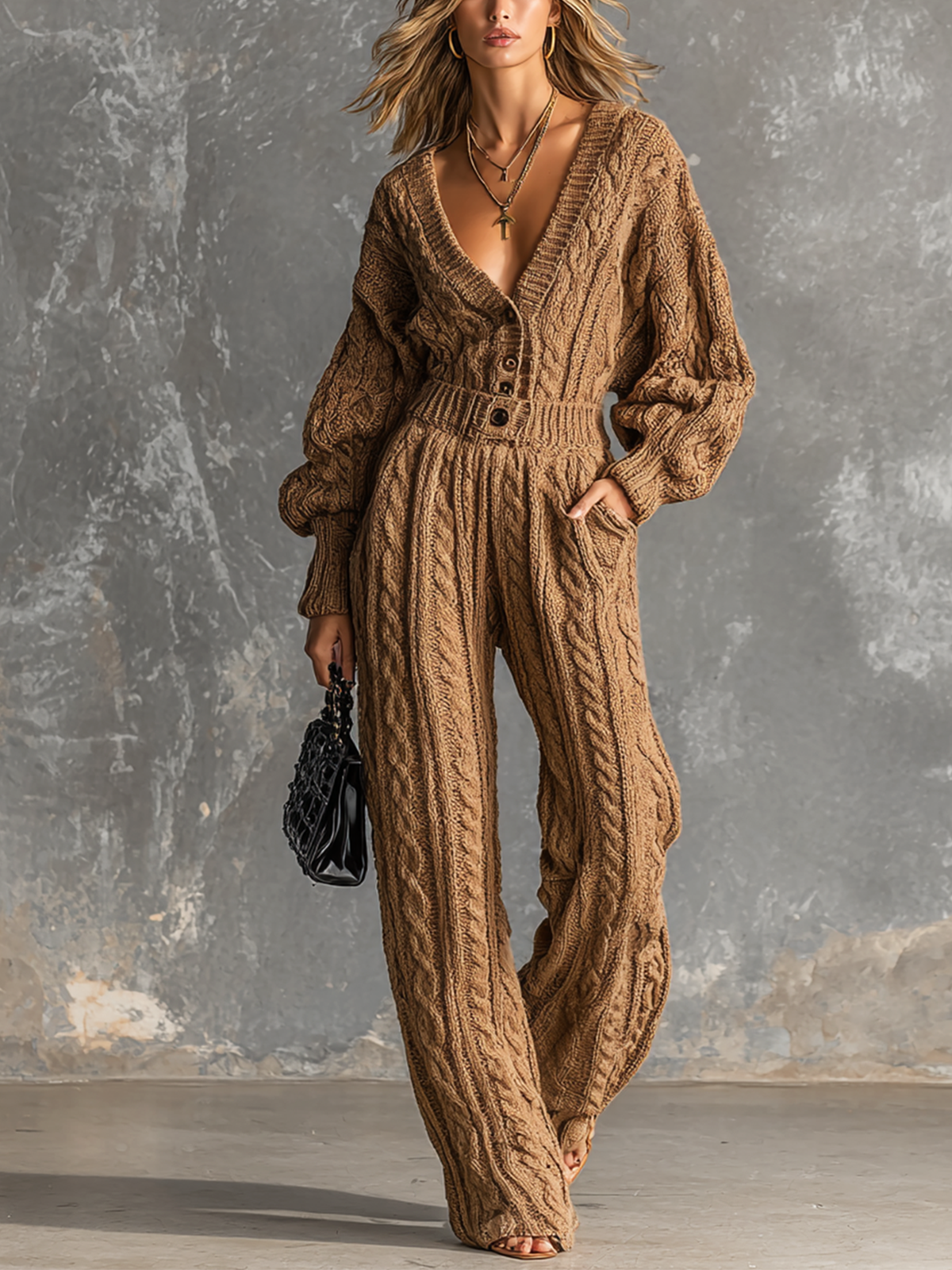 ElevenOra Chic Elegant Camel V Neck Button Front Long Sleeve Elastic-Waist Loose-Fit Cable Knit Jumpsuit
