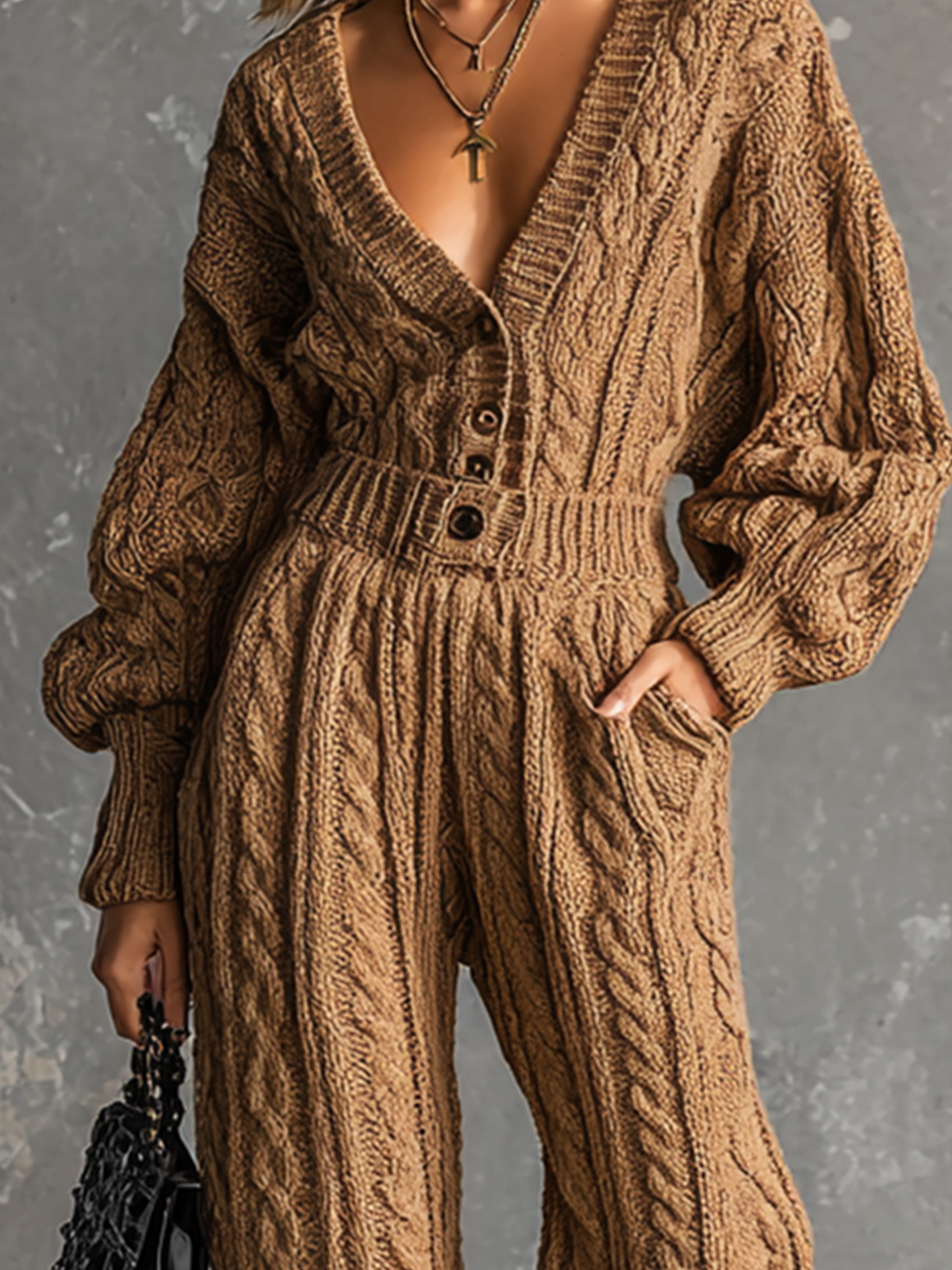 ElevenOra Chic Elegant Camel V Neck Button Front Long Sleeve Elastic-Waist Loose-Fit Cable Knit Jumpsuit