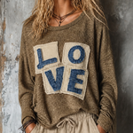 ElevenOra Chic Casual Olive Brown Round Neck Letter Applique Long Sleeve Loose-Fit Ribbed Knit Sweater Top