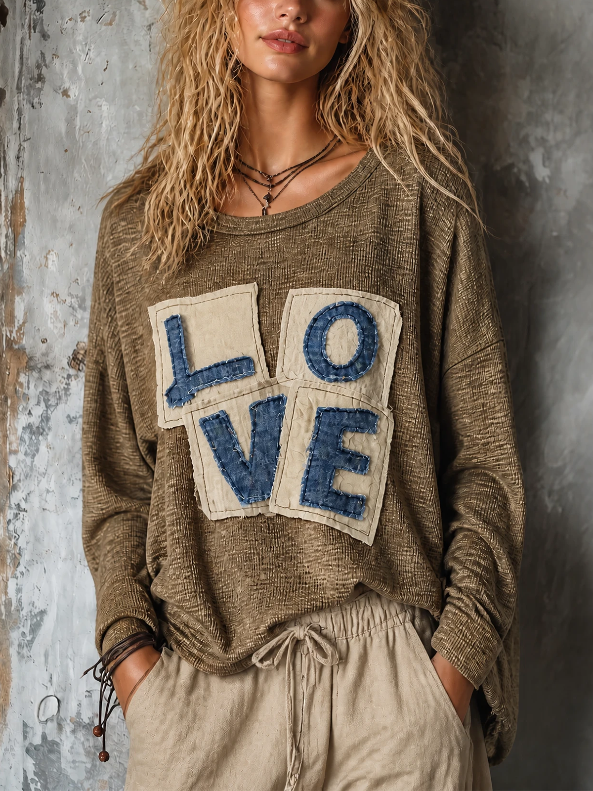 ElevenOra Chic Casual Olive Brown Round Neck Letter Applique Long Sleeve Loose-Fit Ribbed Knit Sweater Top