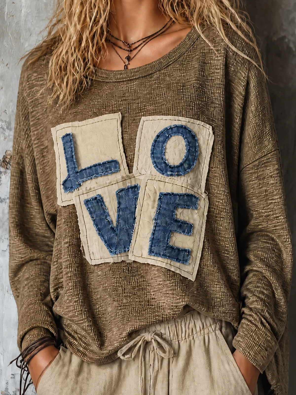 ElevenOra Chic Casual Olive Brown Round Neck Letter Applique Long Sleeve Loose-Fit Ribbed Knit Sweater Top