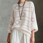 ElevenOra Chic White-Grey Colorblock Diamond Jacquard Boat Neck Long Sleeve Hollow Knit Sweater Top