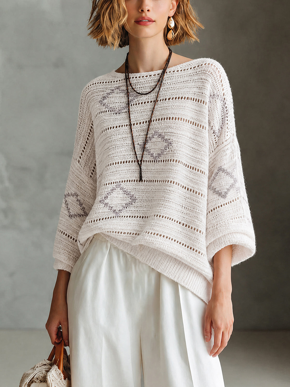 ElevenOra Chic White-Grey Colorblock Diamond Jacquard Boat Neck Long Sleeve Hollow Knit Sweater Top
