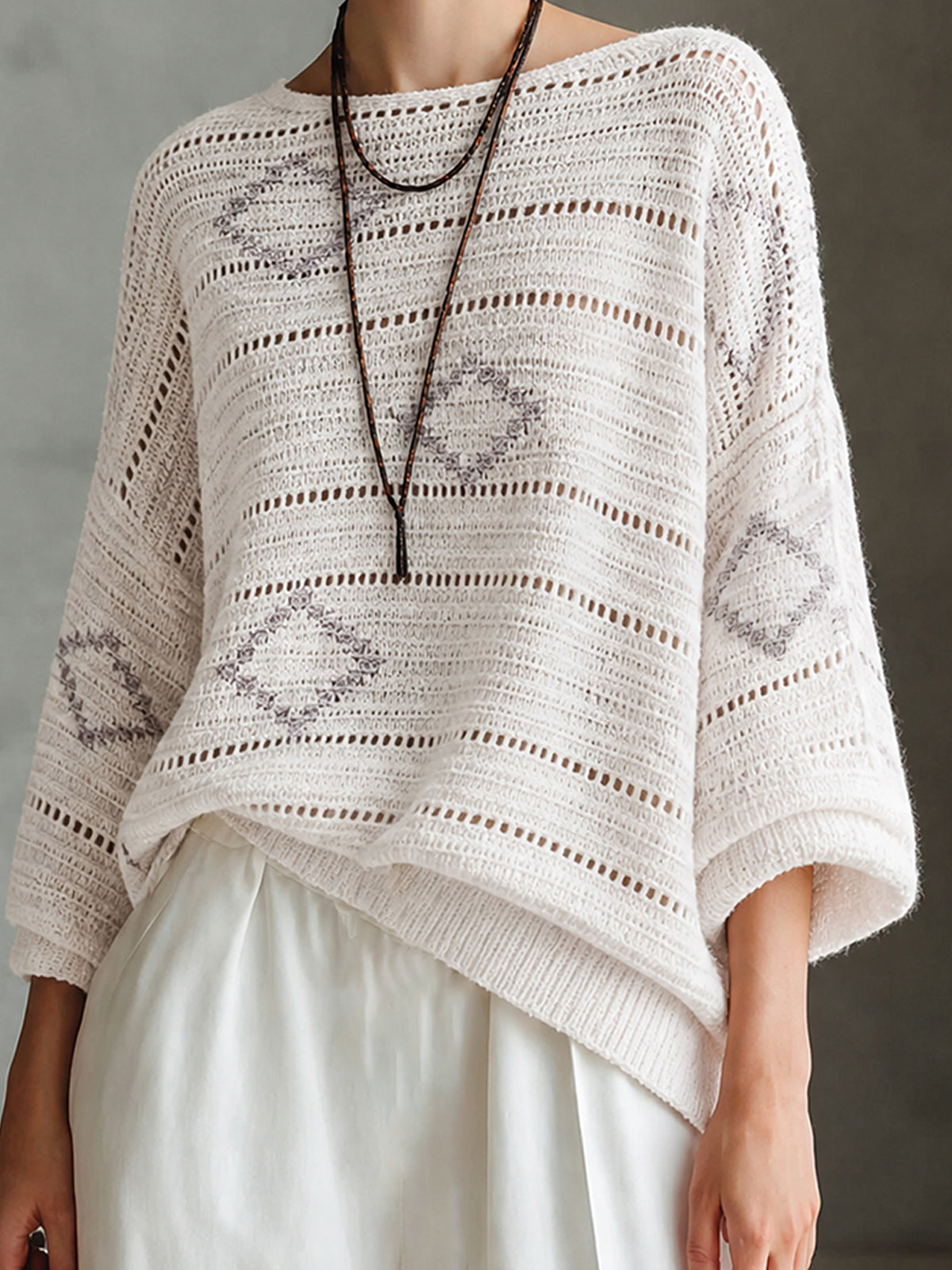 ElevenOra Chic White-Grey Colorblock Diamond Jacquard Boat Neck Long Sleeve Hollow Knit Sweater Top