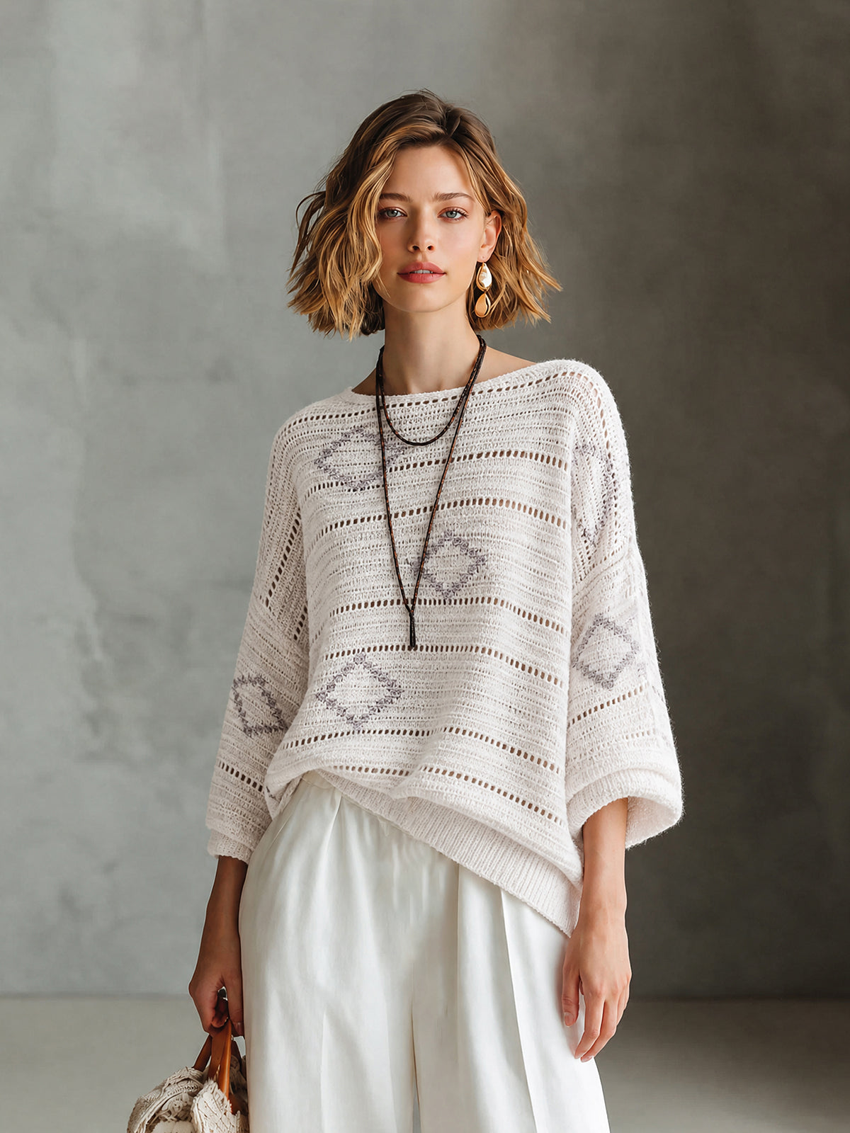 ElevenOra Chic White-Grey Colorblock Diamond Jacquard Boat Neck Long Sleeve Hollow Knit Sweater Top