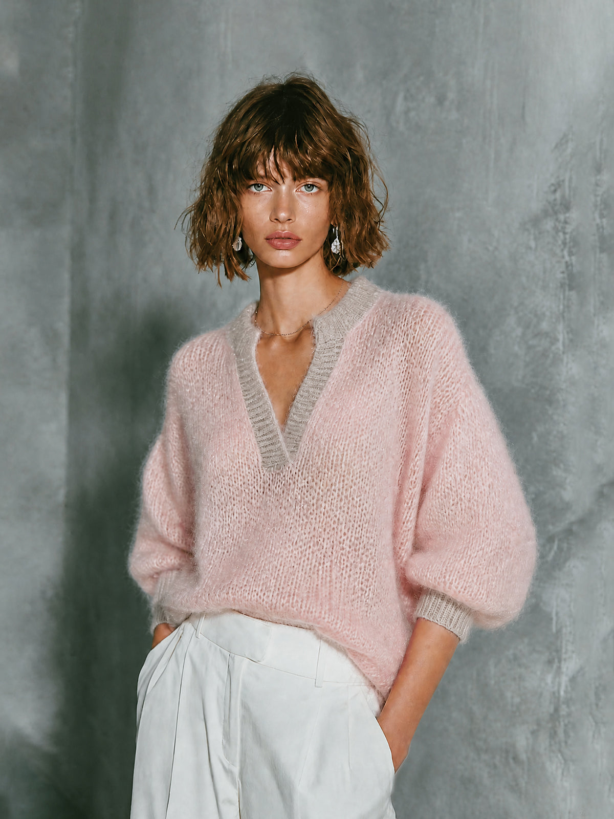 ElevenOra Chic Fluffy Mohair Pink-Oat Colorblock V-Neck Puff Three-Quarter Sleeve Knit Sweater Top