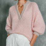 ElevenOra Chic Fluffy Mohair Pink-Oat Colorblock V-Neck Puff Three-Quarter Sleeve Knit Sweater Top