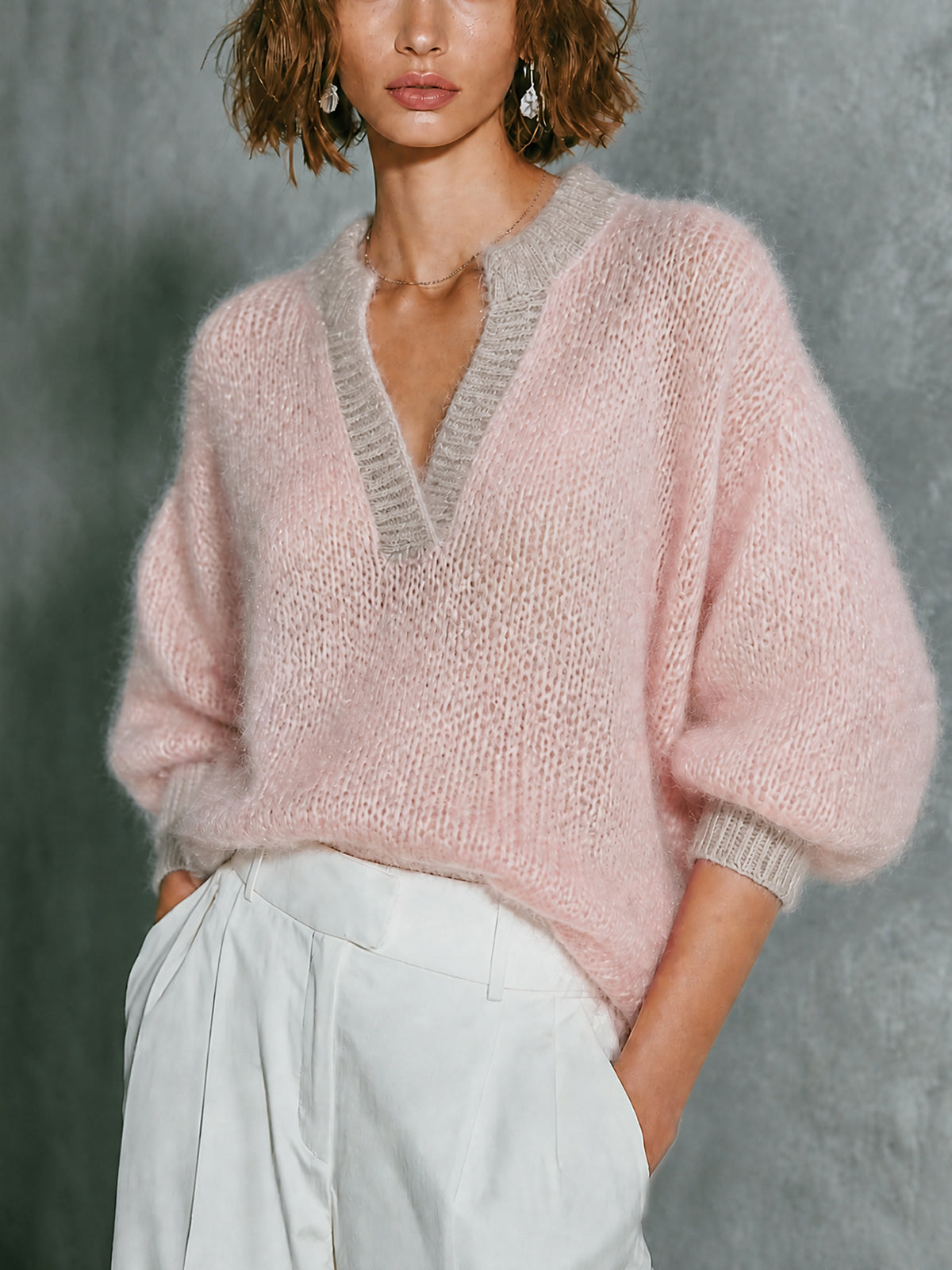 ElevenOra Chic Fluffy Mohair Pink-Oat Colorblock V-Neck Puff Three-Quarter Sleeve Knit Sweater Top