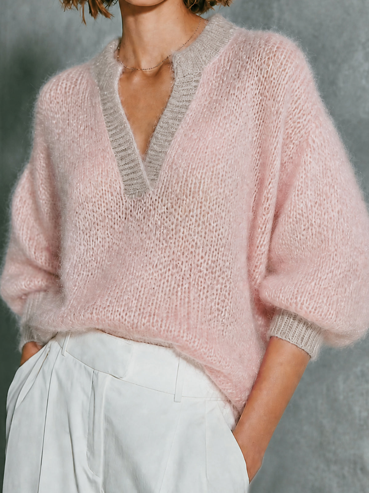 ElevenOra Chic Fluffy Mohair Pink-Oat Colorblock V-Neck Puff Three-Quarter Sleeve Knit Sweater Top