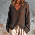 ElevenOra Chic Casual Charcoal Black V-Neck Frayed Edge Long Sleeve Loose-Fit Knit Sweater Top