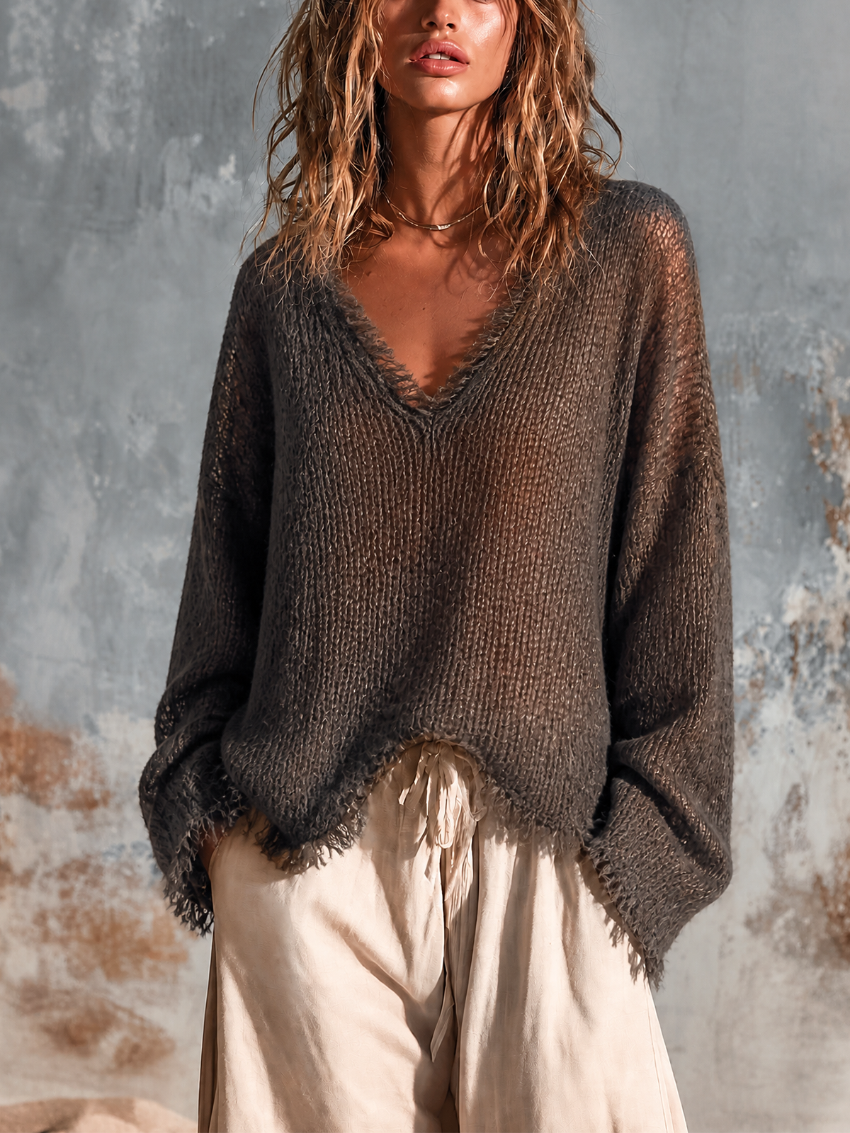 ElevenOra Chic Casual Charcoal Black V-Neck Frayed Edge Long Sleeve Loose-Fit Knit Sweater Top