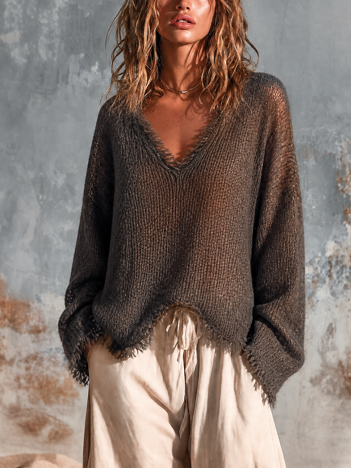 ElevenOra Chic Casual Charcoal Black V-Neck Frayed Edge Long Sleeve Loose-Fit Knit Sweater Top