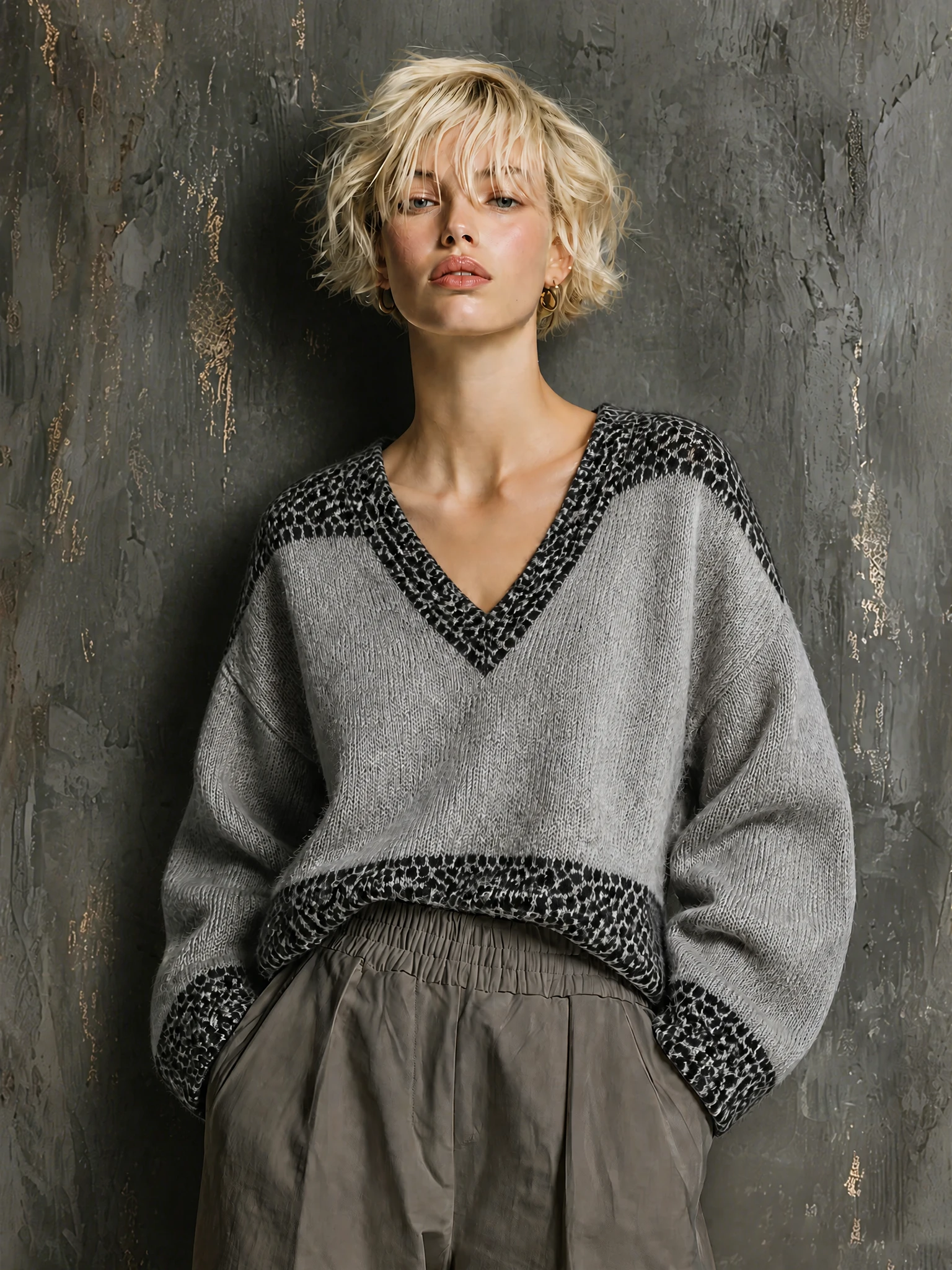 ElevenOra Chic Casual V-Neck Colorblock Leopard Trim Long Sleeve Loose-Fit Knit Sweater Top
