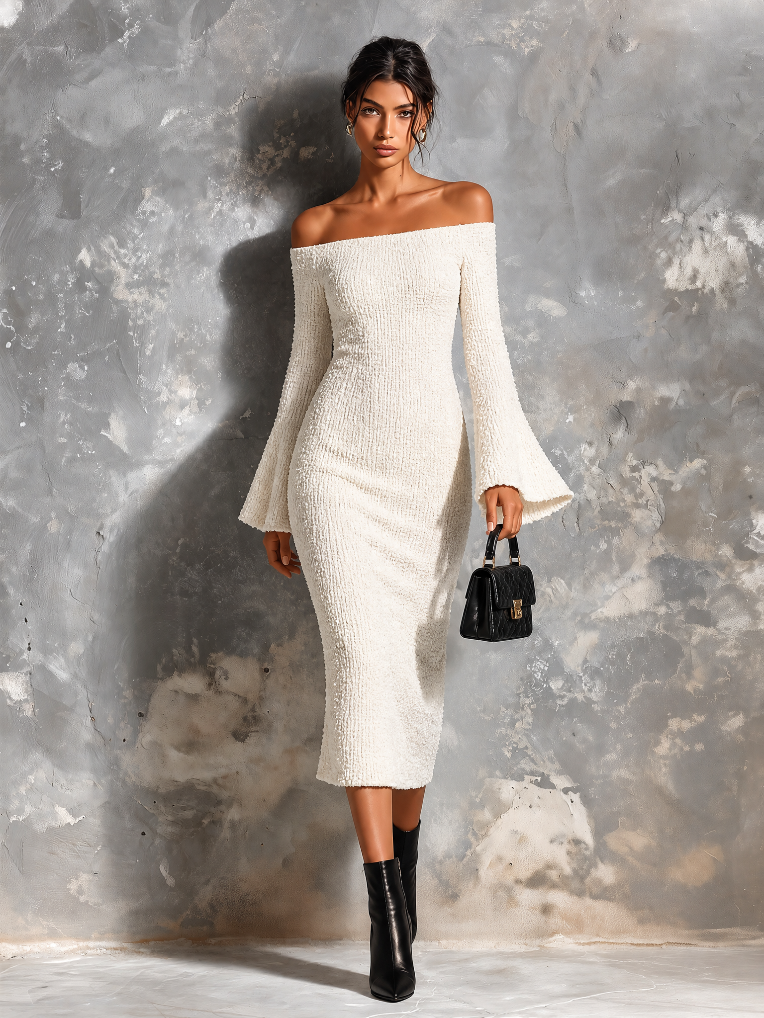 ElevenOra Chic Casual White Off Shoulder Flare Long Sleeve Slim-Fit Knit Midi Dress