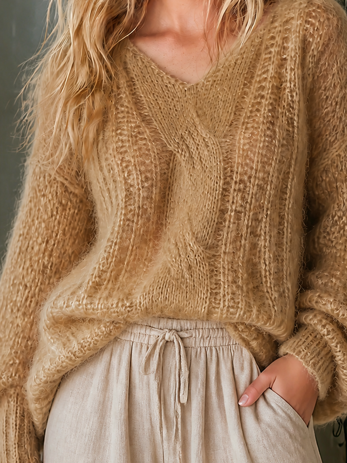 ElevenOra Chic Casual Camel V-Neck Long Sleeve Loose-Fit Cable Knit Sweater Top