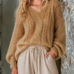 ElevenOra Chic Casual Camel V-Neck Long Sleeve Loose-Fit Cable Knit Sweater Top