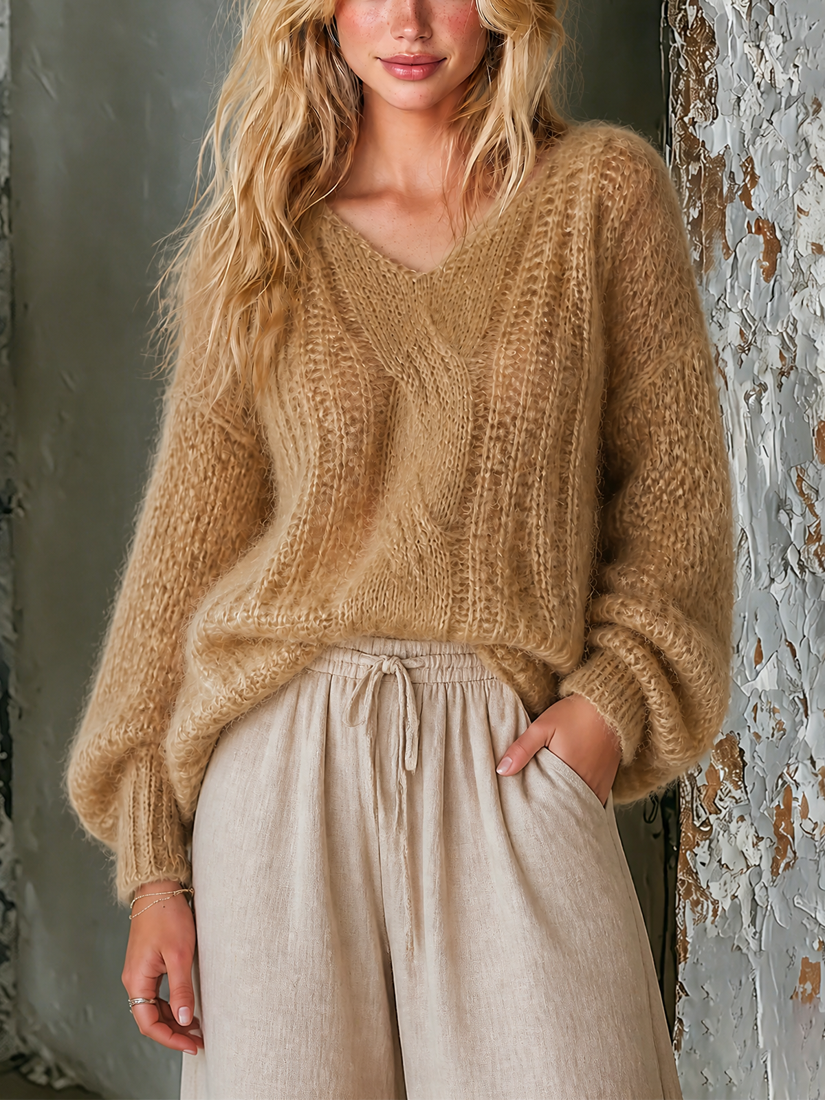 ElevenOra Chic Casual Camel V-Neck Long Sleeve Loose-Fit Cable Knit Sweater Top