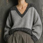 ElevenOra Chic Casual V-Neck Colorblock Leopard Trim Long Sleeve Loose-Fit Knit Sweater Top