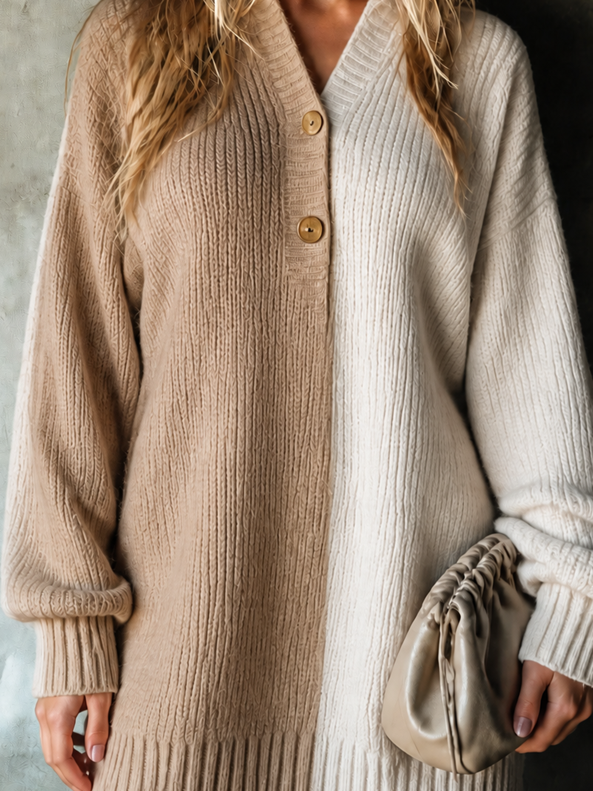 ElevenOra Chic Casual Camel-White Colorblock Lapel Colla V Neck Button Front Long Sleeve Loose-Fit Knit Mini Dress