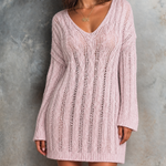 ElevenOra Chic Casual Pink V Neck Long Sleeve Loose-Fit Hollow Out Cable Knit Mini Dress