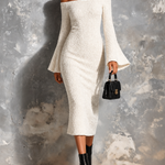 ElevenOra Chic Casual White Off Shoulder Flare Long Sleeve Slim-Fit Knit Midi Dress