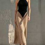 ElevenOra Chic Elegant Black-Camel Colorblock Halter-Neck Sleeveless Tailored-Waist A-Line Soft Knit Maxi Dress