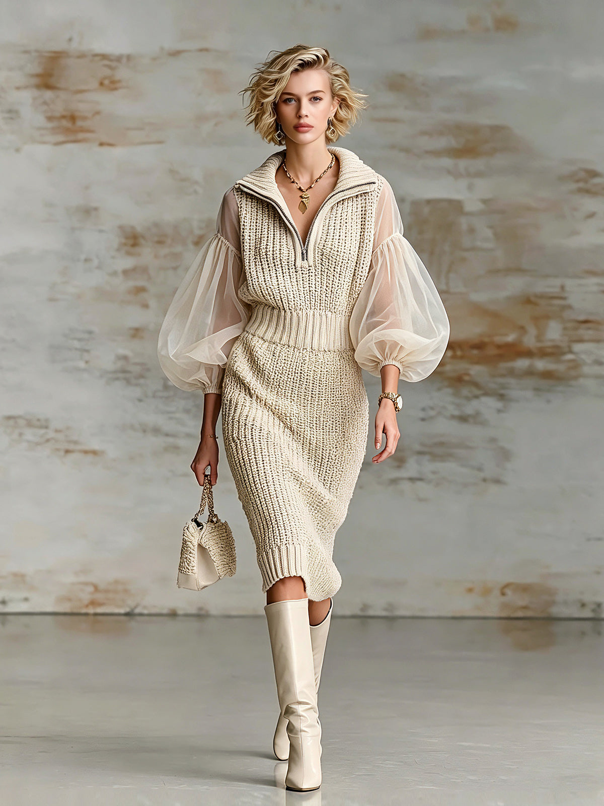 ElevenOra Chic Elegant Beige Zipper-Up Lapel Collar Organza Puff Sleeve Elastic-Waist Ribbed Knit Midi Dress
