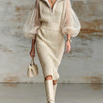 ElevenOra Chic Elegant Beige Zipper-Up Lapel Collar Organza Puff Sleeve Elastic-Waist Ribbed Knit Midi Dress