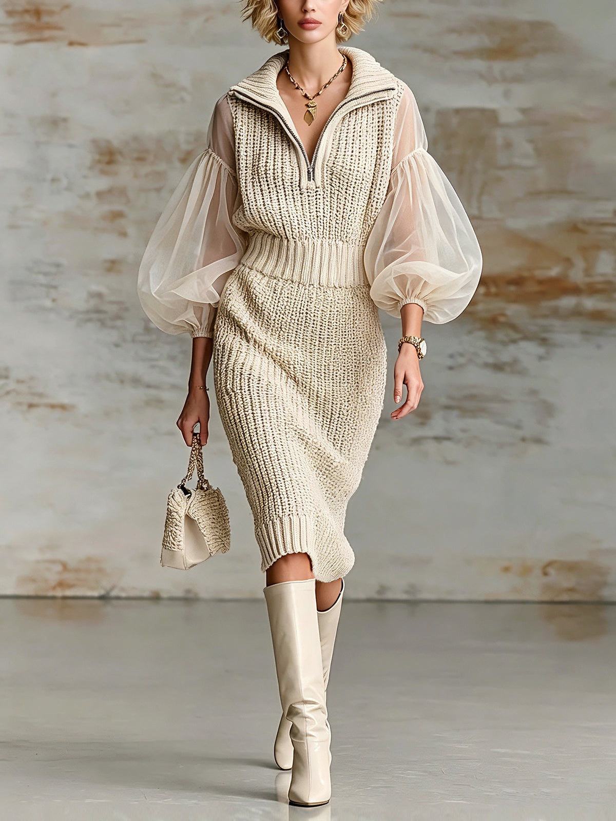 ElevenOra Chic Elegant Beige Zipper-Up Lapel Collar Organza Puff Sleeve Elastic-Waist Ribbed Knit Midi Dress