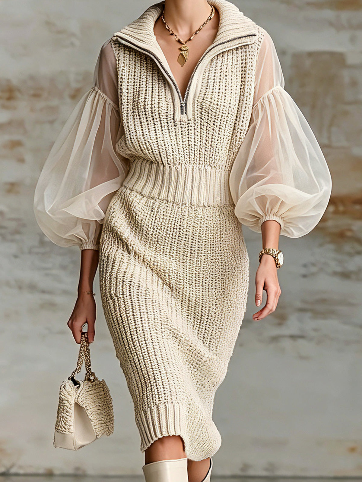 ElevenOra Chic Elegant Beige Zipper-Up Lapel Collar Organza Puff Sleeve Elastic-Waist Ribbed Knit Midi Dress