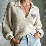 ElevenOra Chic Elegant Beige Lapel V-Neck Dropped Shoulder Long-Lantern-Sleeve Heart Patch Detail Soft Knit Sweater
