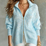 ElevenOra Chic Elegant Blue Sequins Lapel Collar Dropped Shoulder Long-Sleeve Zipper-Front Knit Cardigan