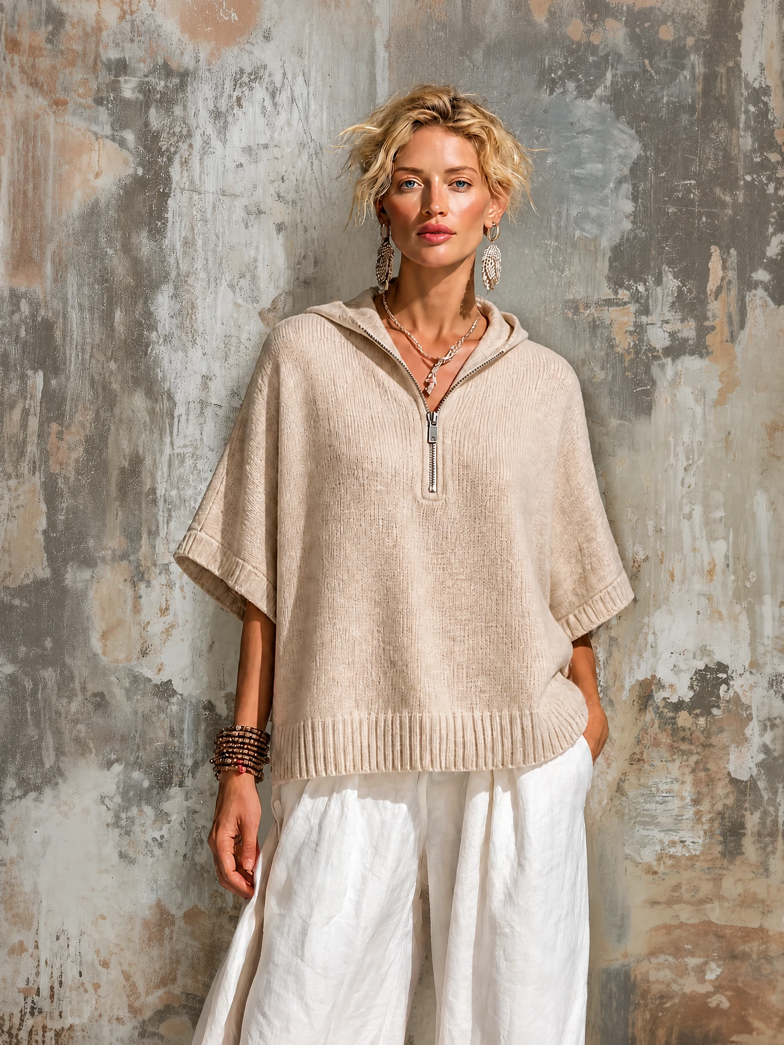 ElevenOra Chic Casual Oatmeal Hooded Zipper-Front Half Sleeve Loose-Fit Knit Sweater Top