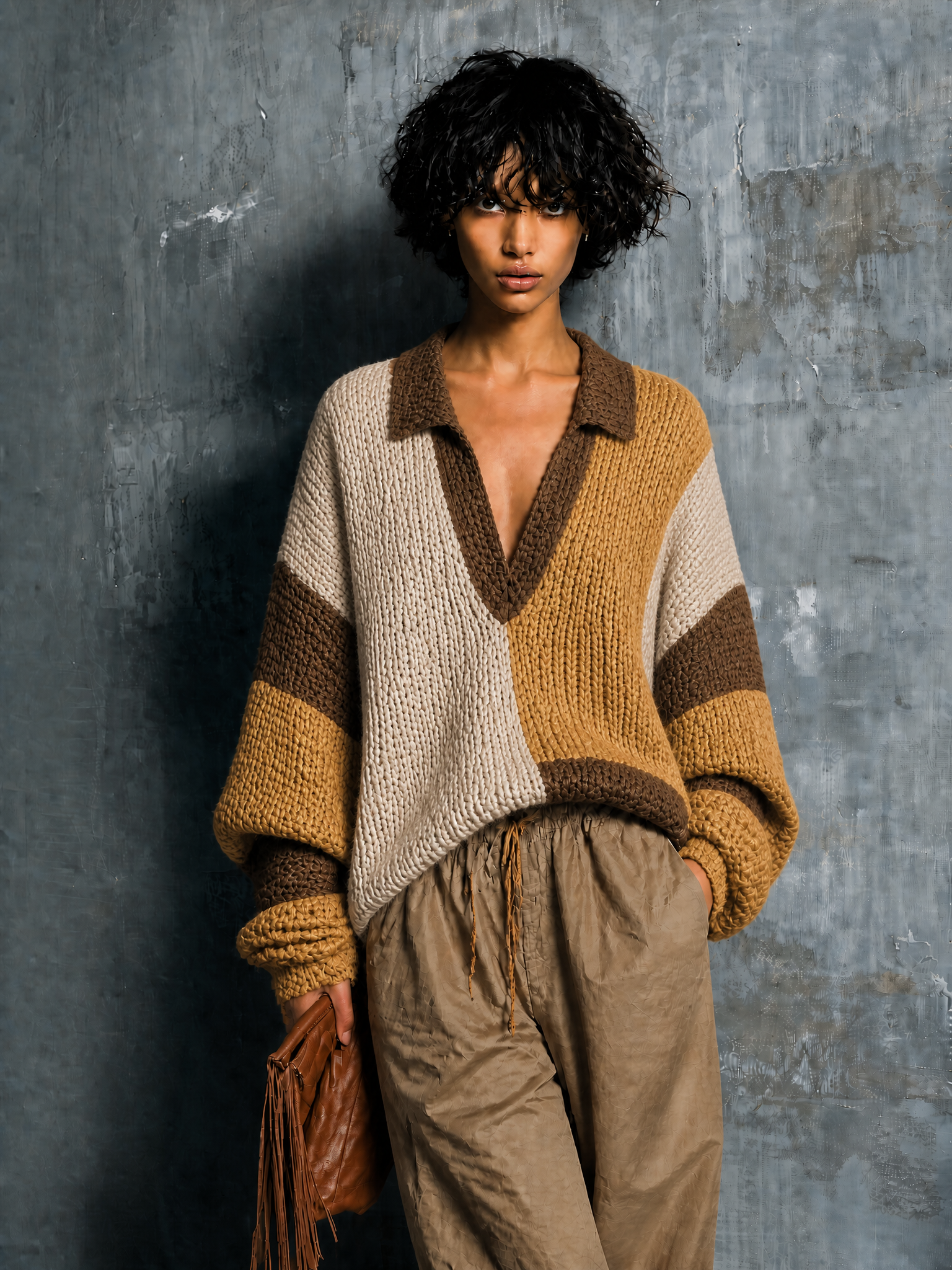 ElevenOra Chic Casual Beige-Yellow-Brown Colorblock Lapel Collar V-Neck Long-Sleeve Loose-Fit Knit Sweater Top
