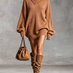 ElevenOra Chic Elegant Caramel Brown Button-Up Asymmetrical Neck Dropped Shoulder Long-Sleeve Oversize Knit Mini Dress