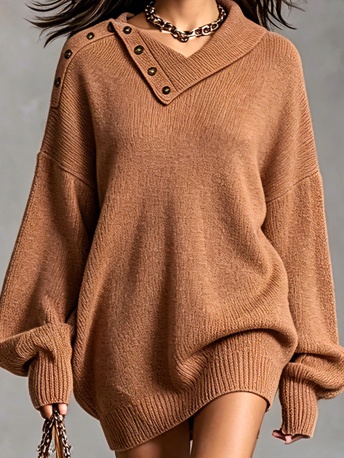 ElevenOra Chic Elegant Caramel Brown Button-Up Asymmetrical Neck Dropped Shoulder Long-Sleeve Oversize Knit Mini Dress