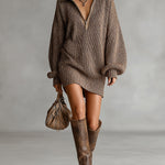 ElevenOra Chic Elegant Brown Melange Zipper-Up Lapel Collar Dropped Shoulder Long-Sleeve Oversize Ribbed Knit Mini Dress