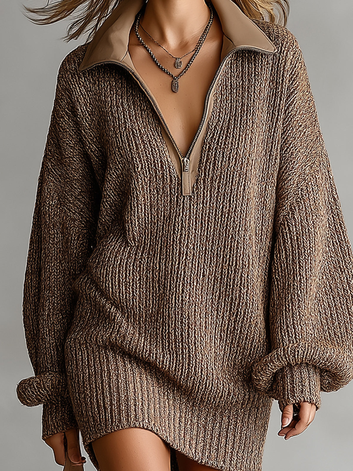 ElevenOra Chic Elegant Brown Melange Zipper-Up Lapel Collar Dropped Shoulder Long-Sleeve Oversize Ribbed Knit Mini Dress