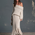 ElevenOra Chic Elegant Beige Off-The-Shoulder Long-Sleeve Sweater Elastic-Waist Fringe Detail Skirt Slim-Fit Fuzzy Knit Two-Piece Set
