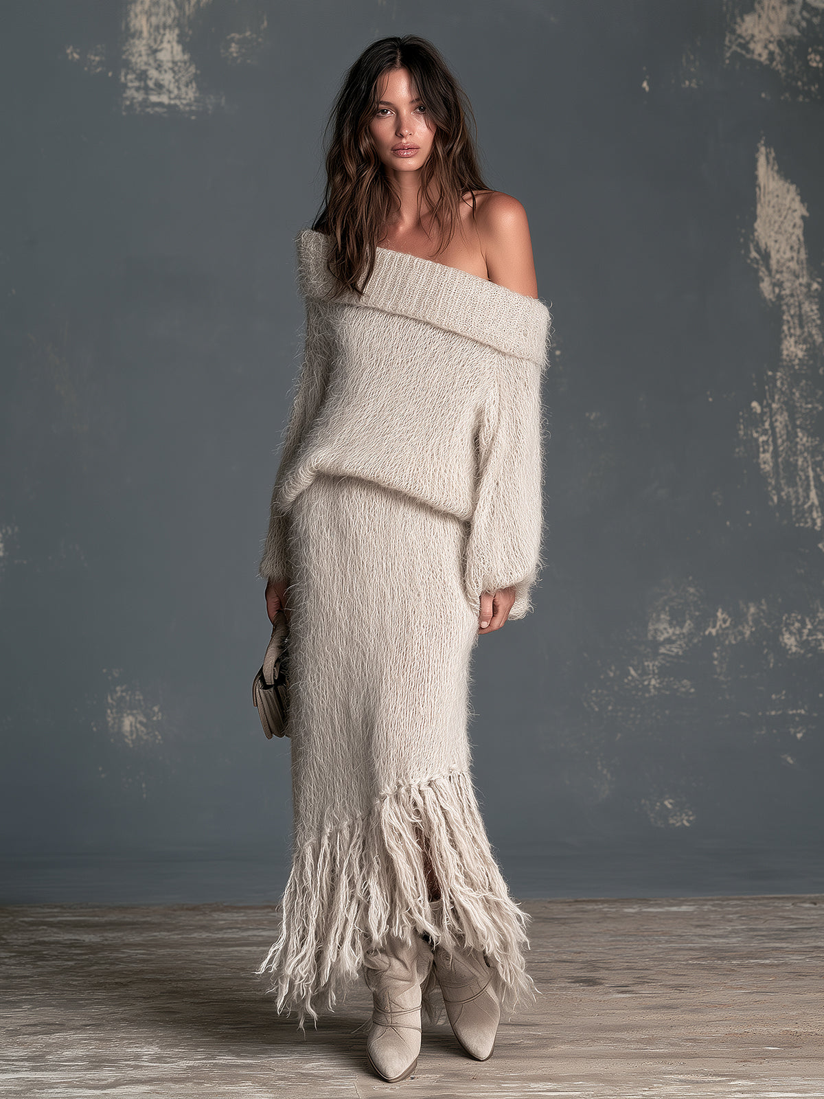 ElevenOra Chic Elegant Beige Off-The-Shoulder Long-Sleeve Sweater Elastic-Waist Fringe Detail Skirt Slim-Fit Fuzzy Knit Two-Piece Set